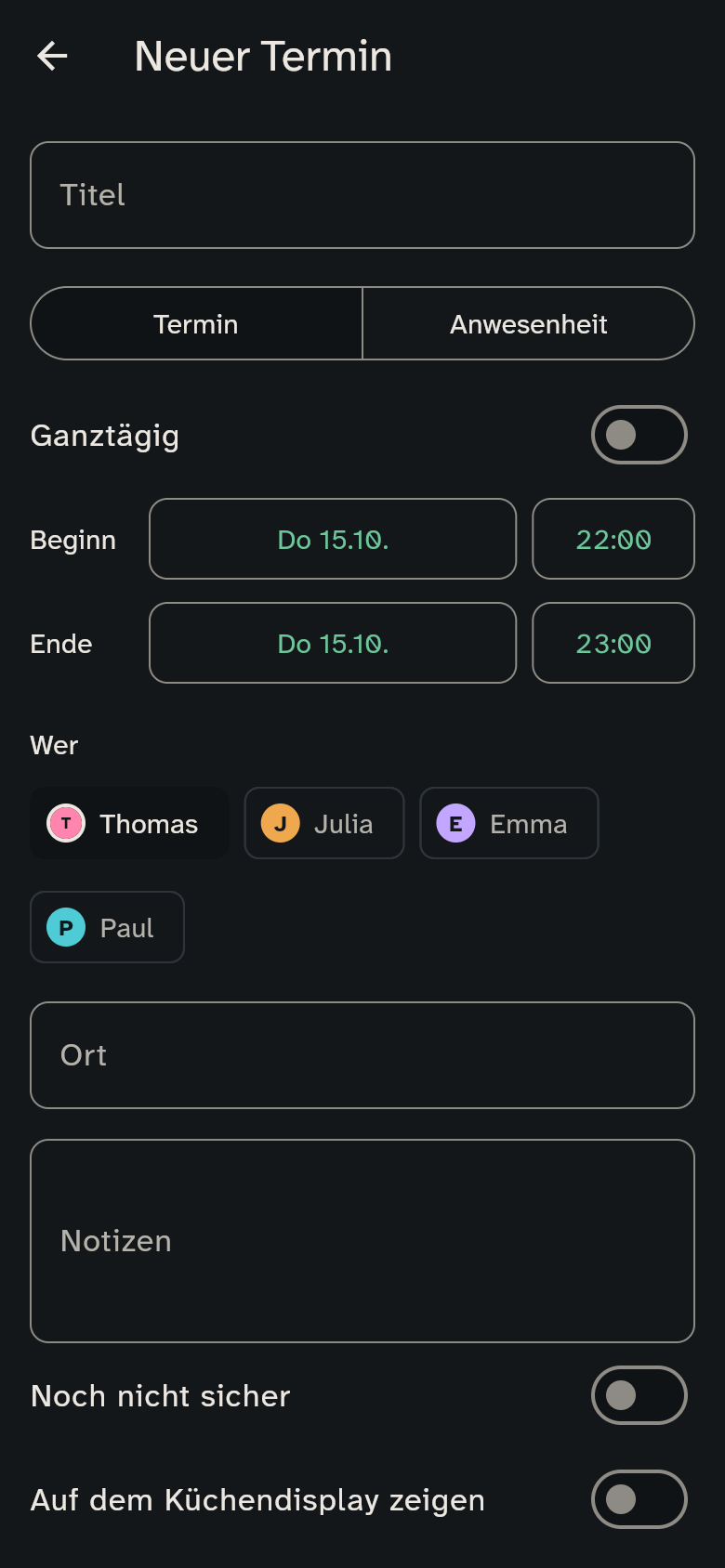 Editor für einen neuen Termin mit Titel, Wer und Wiederholung