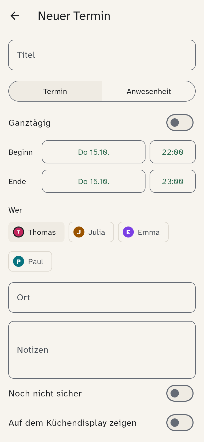 Editor für einen neuen Termin mit Titel, Wer und Wiederholung