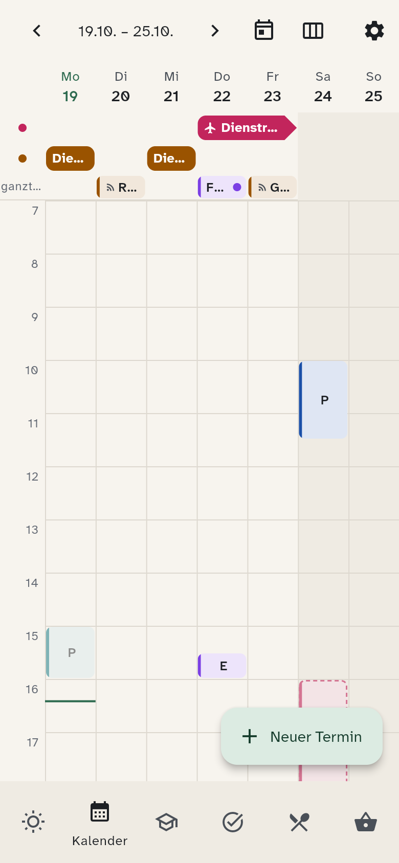 Kalender auf dem Handy mit Datumsnavigation und Ansichtsmenü in einer Leiste