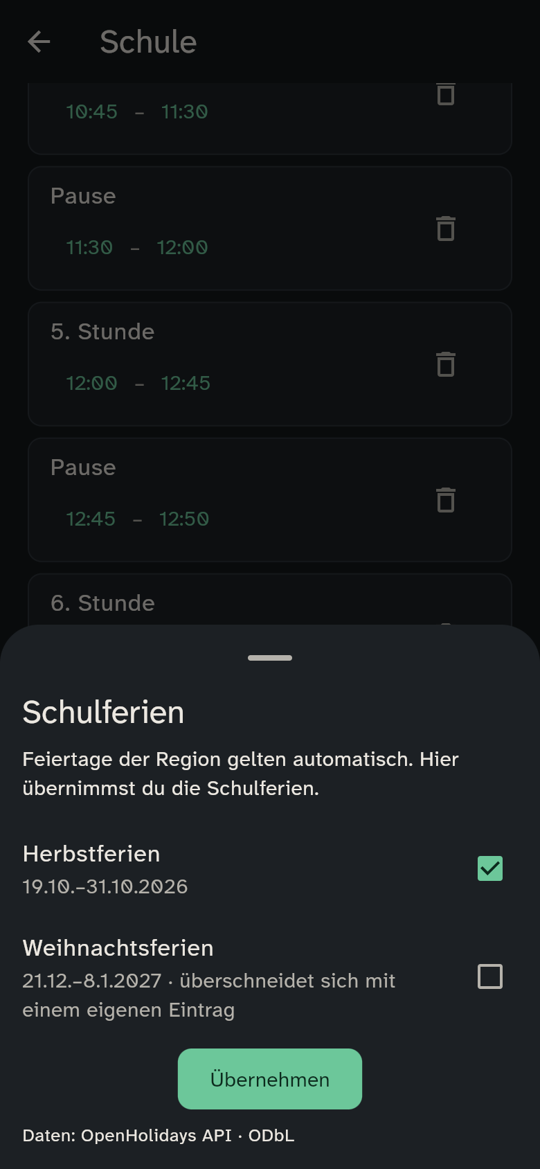 Ferien übernehmen: die Vorschau der Schulferien, mit Häkchen und dem Hinweis „importiert“