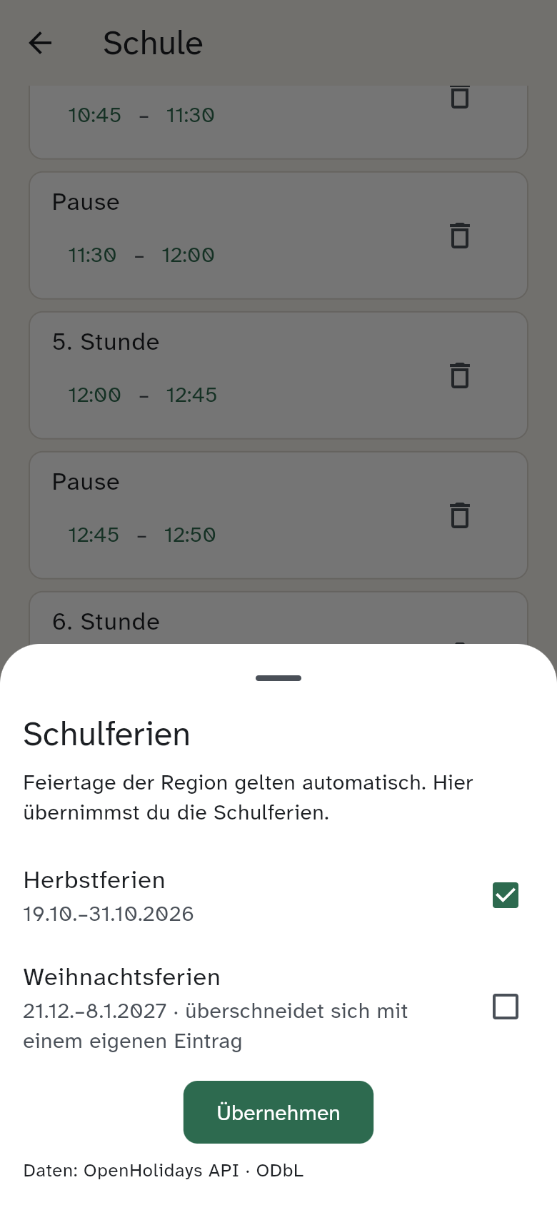 Ferien übernehmen: die Vorschau der Schulferien, mit Häkchen und dem Hinweis „importiert“