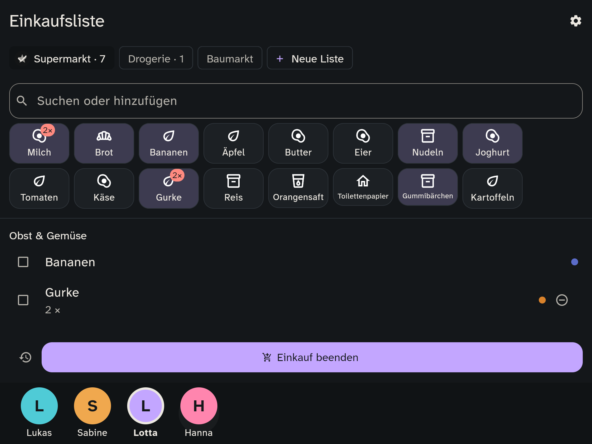 Kinder-Ansicht der Einkaufsliste