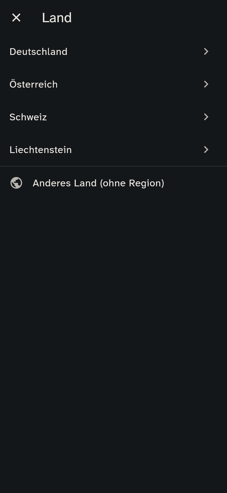 Die Regionsauswahl: zuerst das Land, dann Kanton oder Bundesland