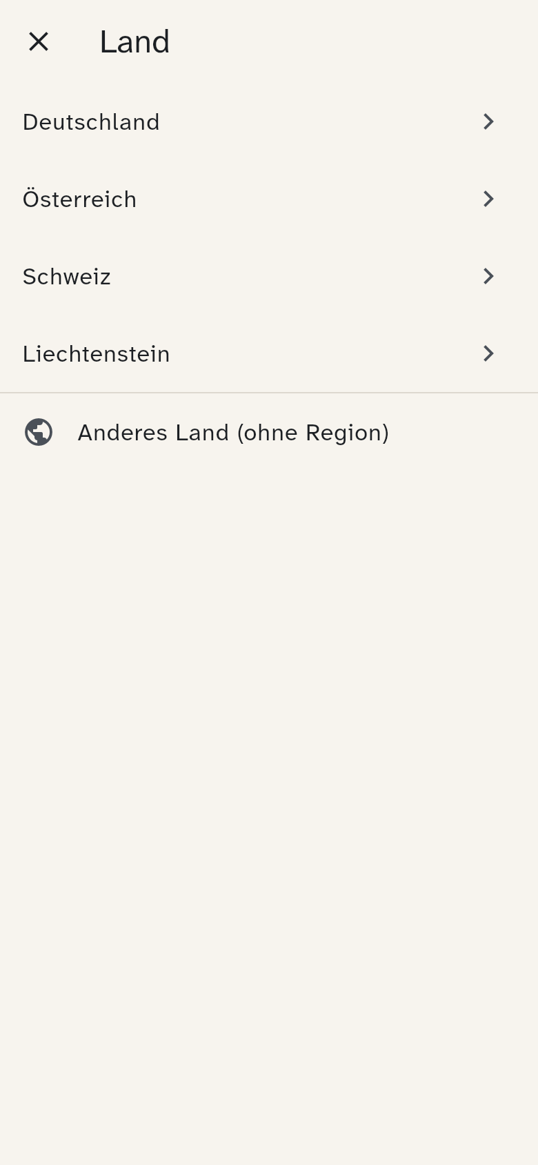 Die Regionsauswahl: zuerst das Land, dann Kanton oder Bundesland