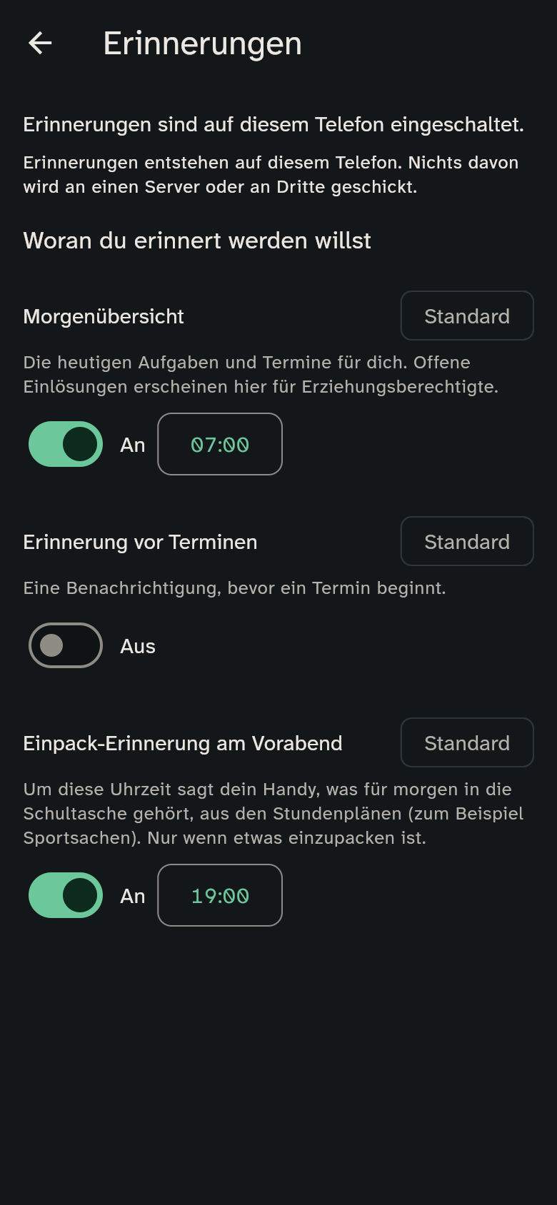 Einstellungen → Erinnerungen