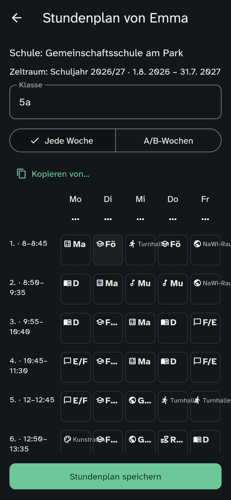 Stundenplan-Editor mit Schule, Zeitraum und sichtbarer Speichern-Schaltfläche