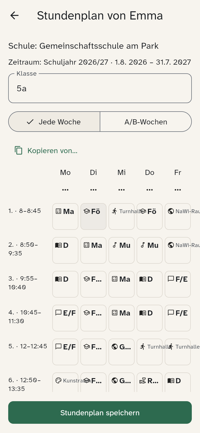 Stundenplan-Editor mit Schule, Zeitraum und sichtbarer Speichern-Schaltfläche