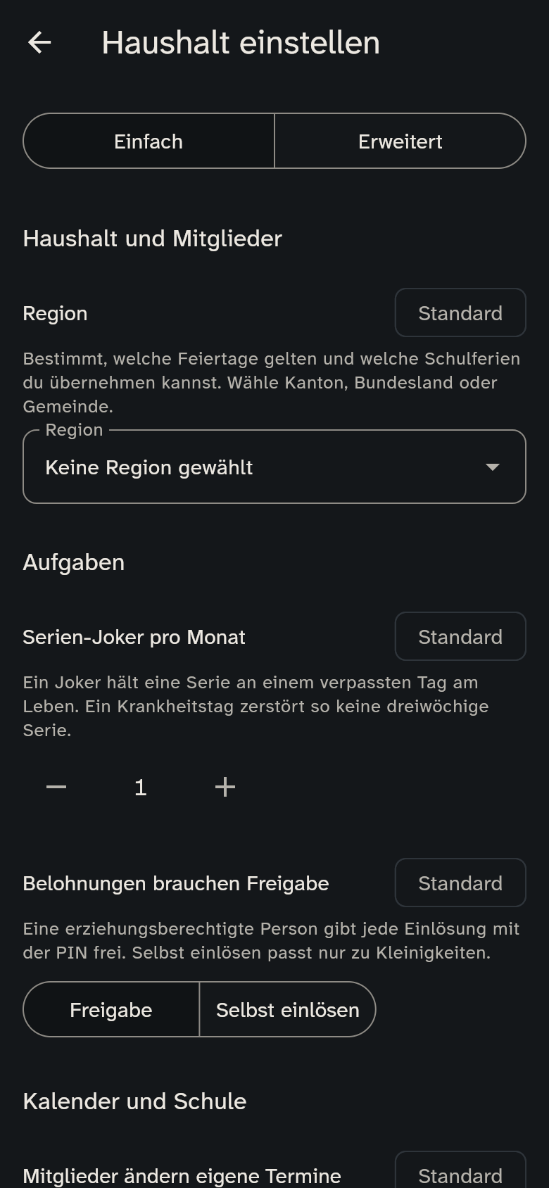Haushalt einstellen mit den Bereichen Aufgaben, Kalender, Essen und Küchenwand