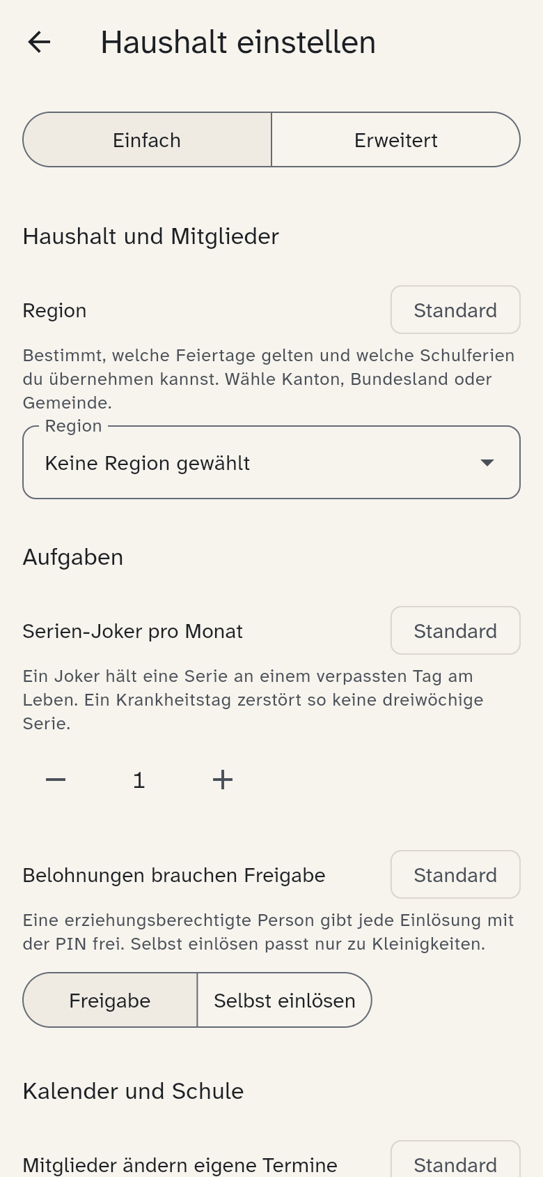 Haushalt einstellen mit den Bereichen Aufgaben, Kalender, Essen und Küchenwand