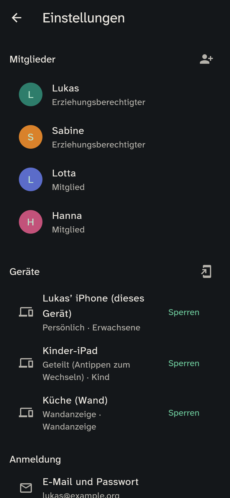 Einstellungen mit Mitgliedern und Geräten