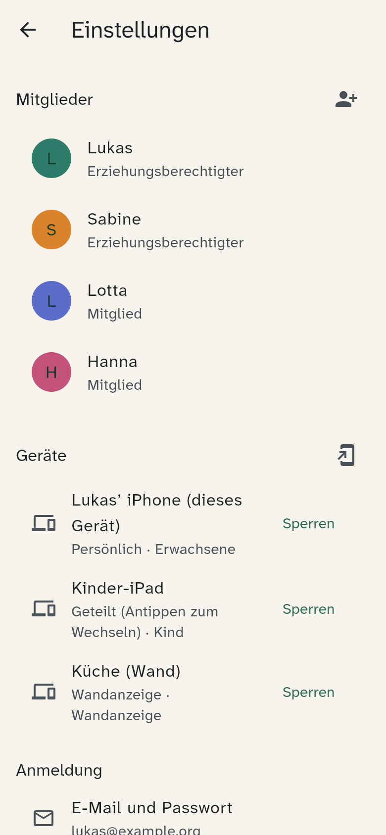 Einstellungen mit Mitgliedern und Geräten