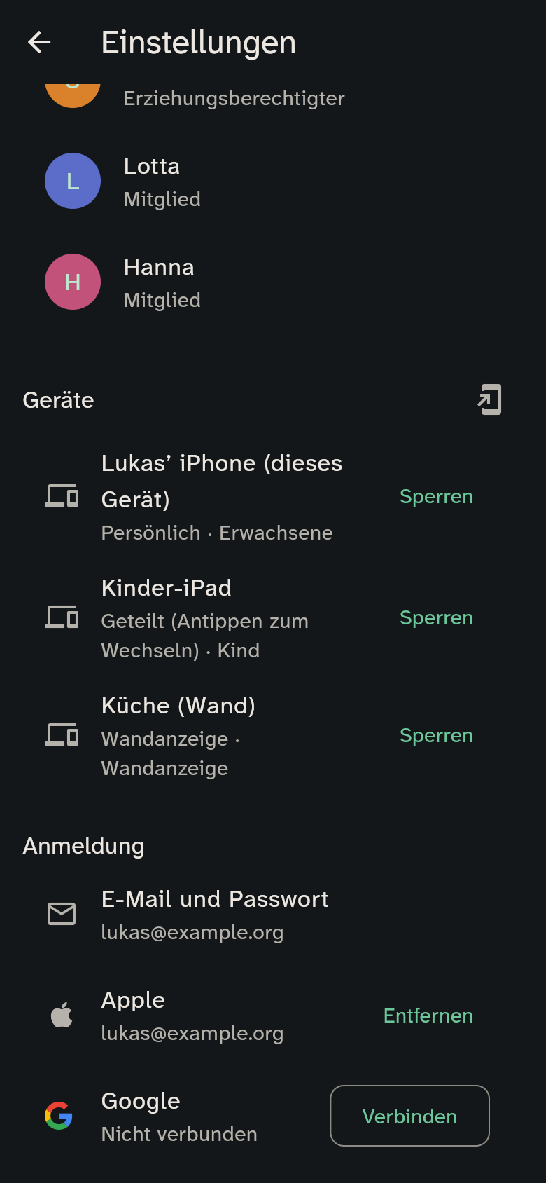 Einstellungen → Anmeldung