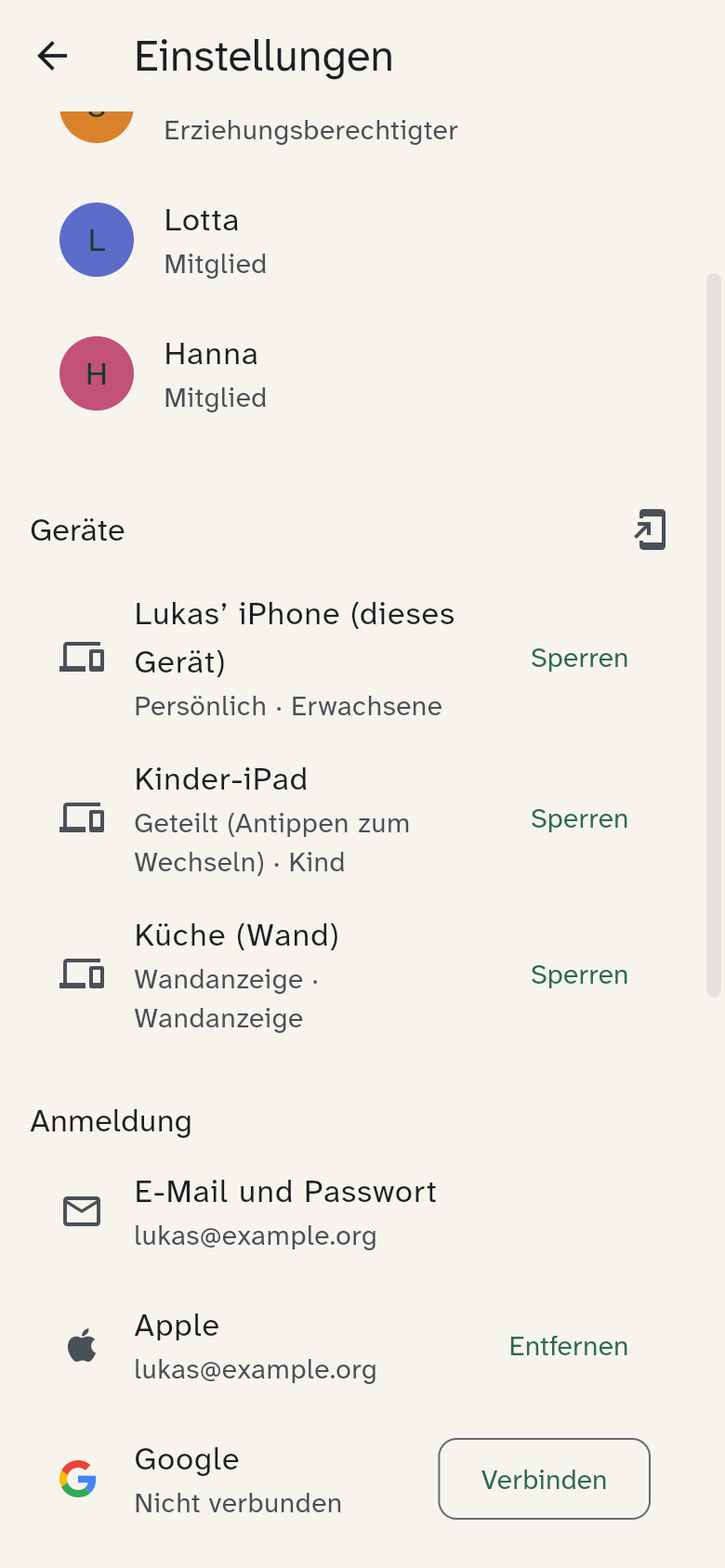 Einstellungen → Anmeldung