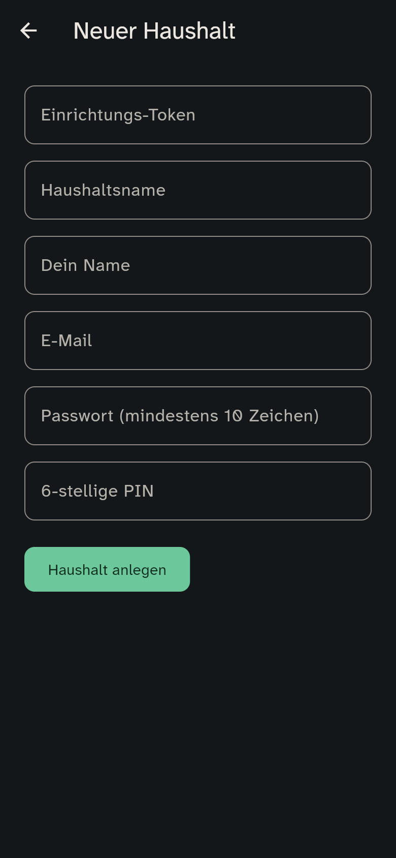 Formular „Neuer Haushalt“