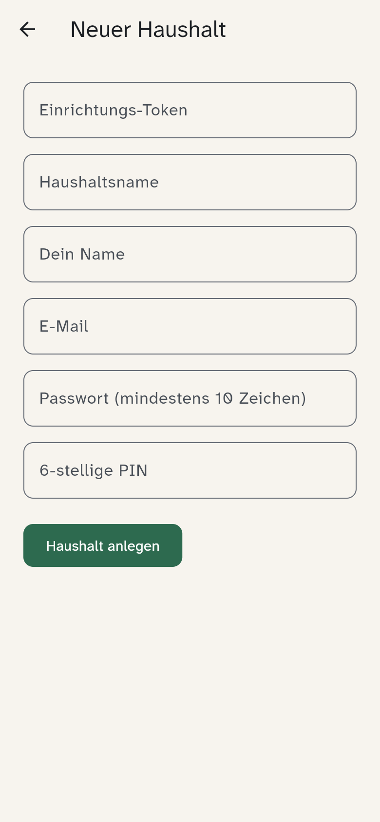 Formular „Neuer Haushalt“
