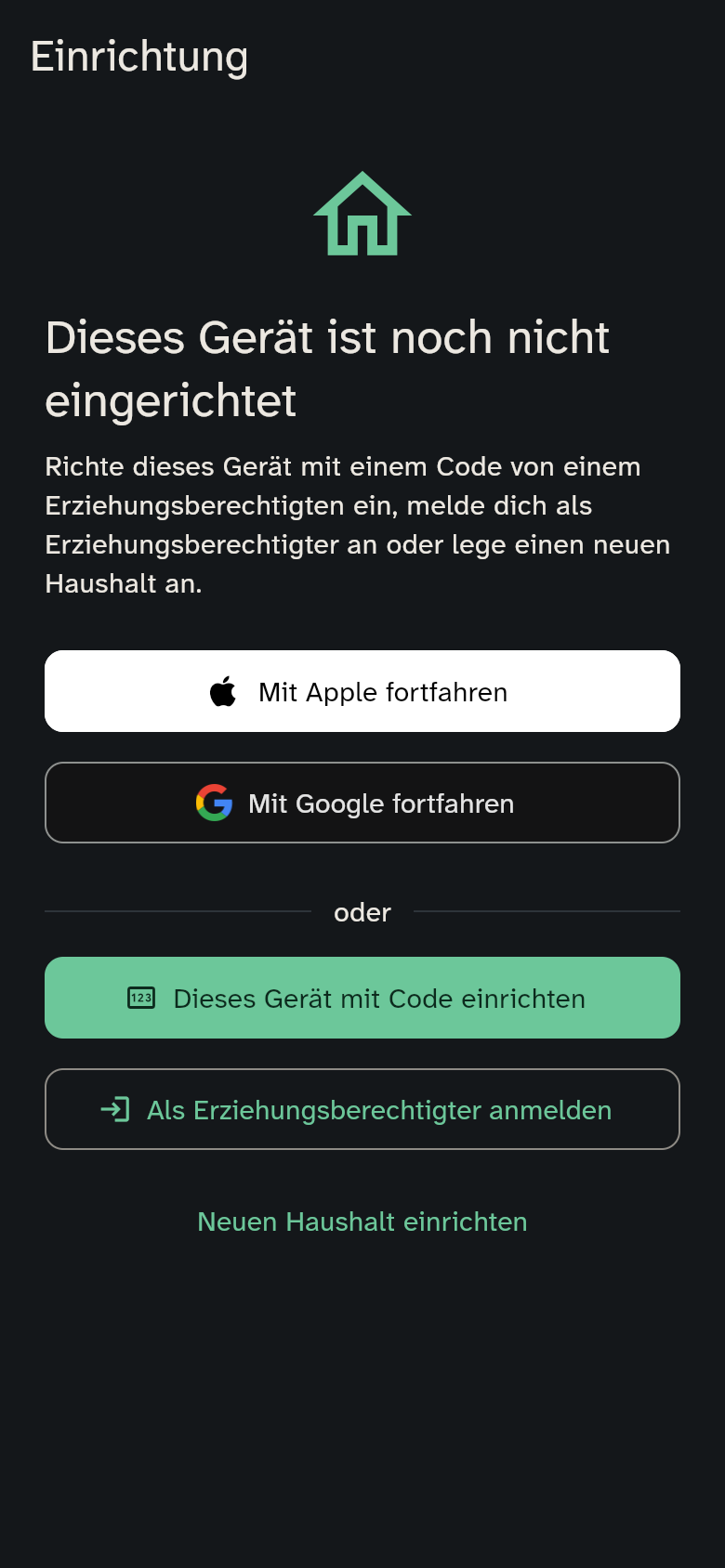 Startbildschirm eines noch nicht eingerichteten Geräts