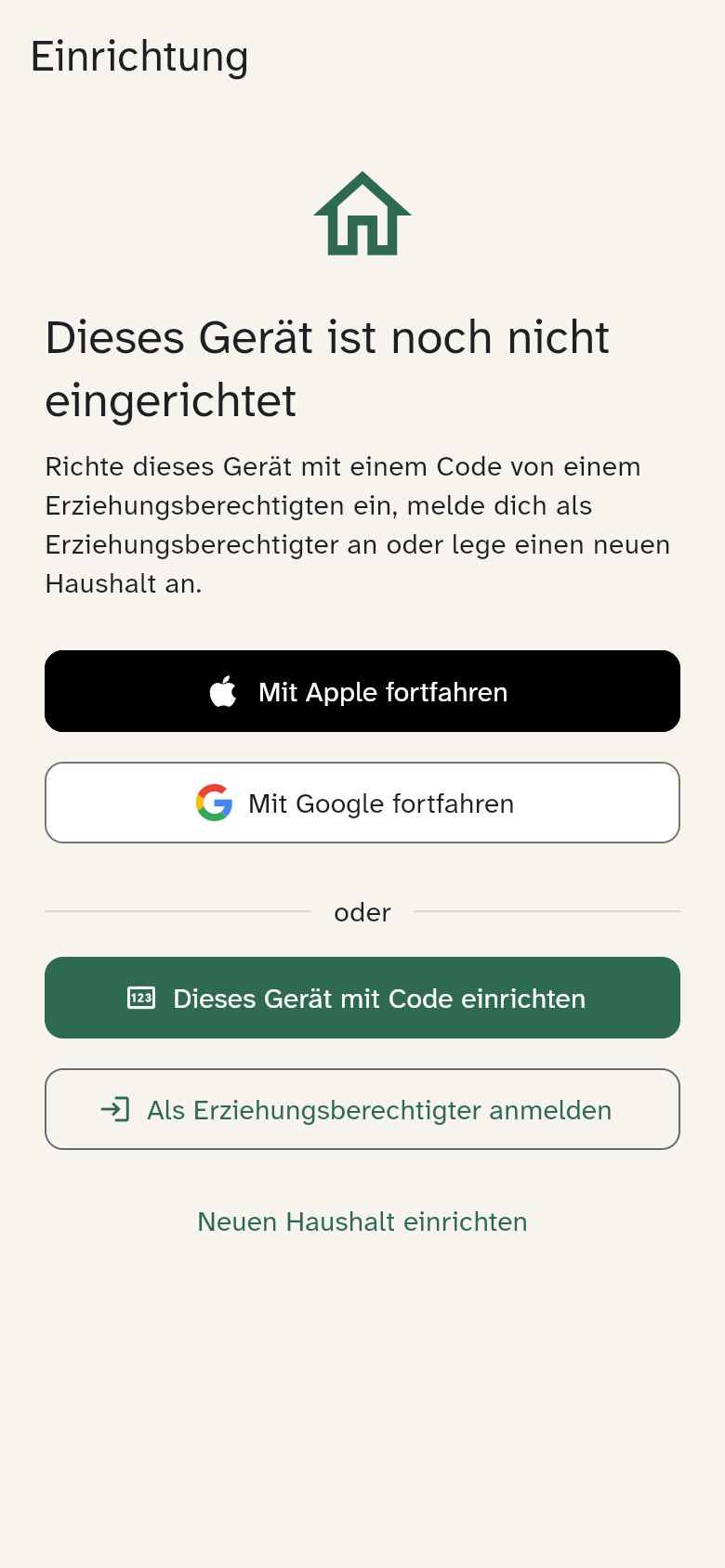 Startbildschirm eines noch nicht eingerichteten Geräts