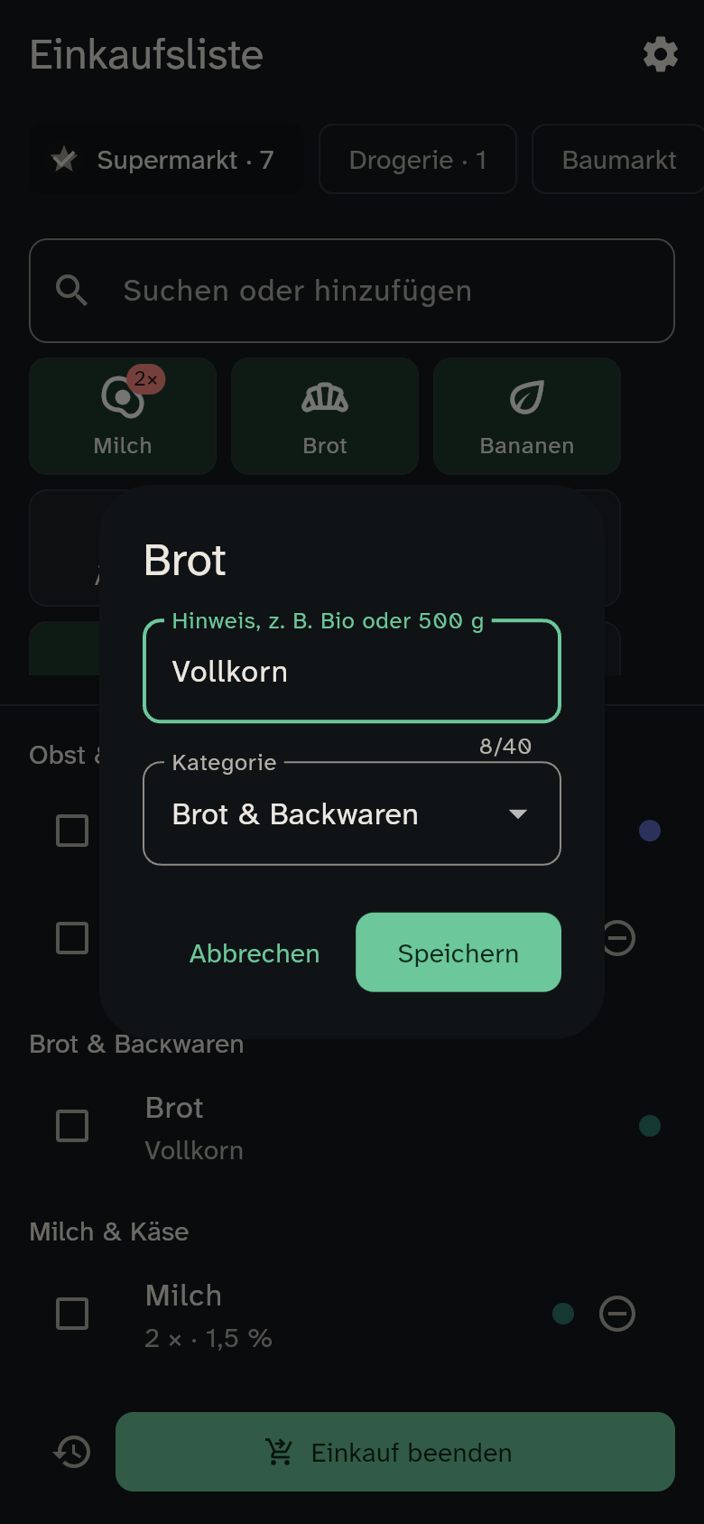 Dialog zum Bearbeiten eines Artikels