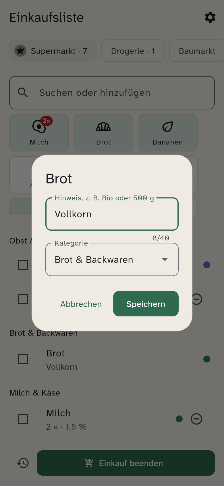 Dialog zum Bearbeiten eines Artikels