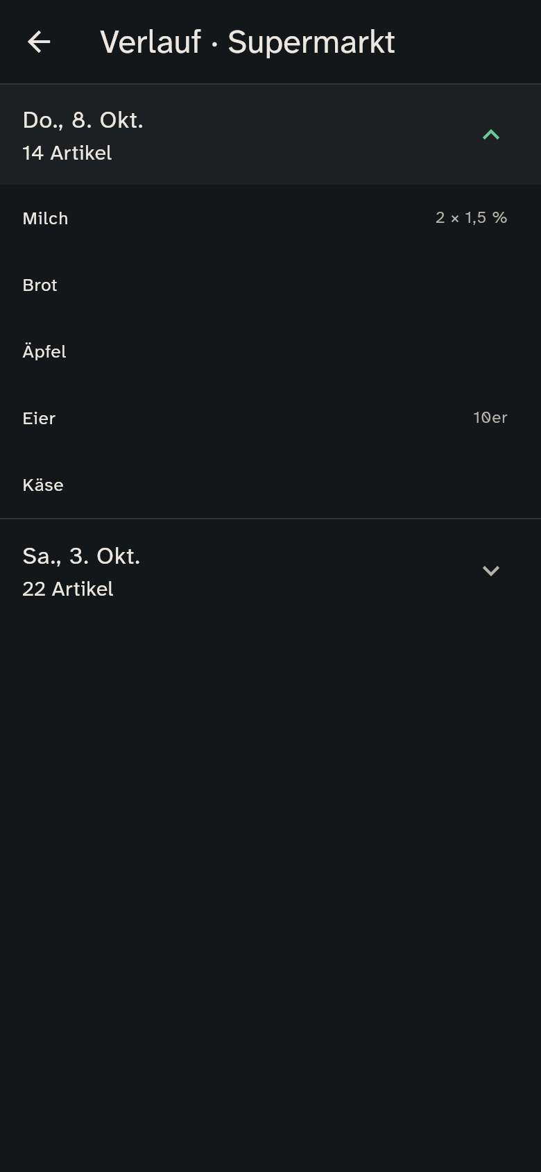 Verlauf mit zwei beendeten Einkäufen