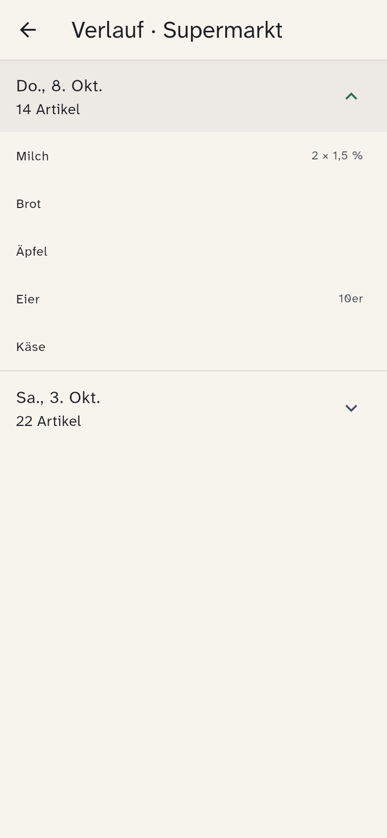 Verlauf mit zwei beendeten Einkäufen