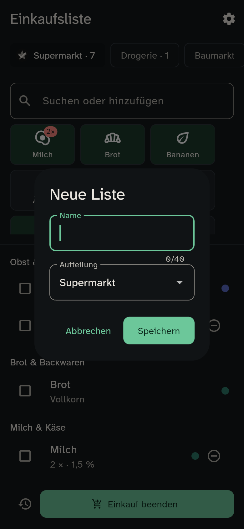 Dialog „Neue Liste“