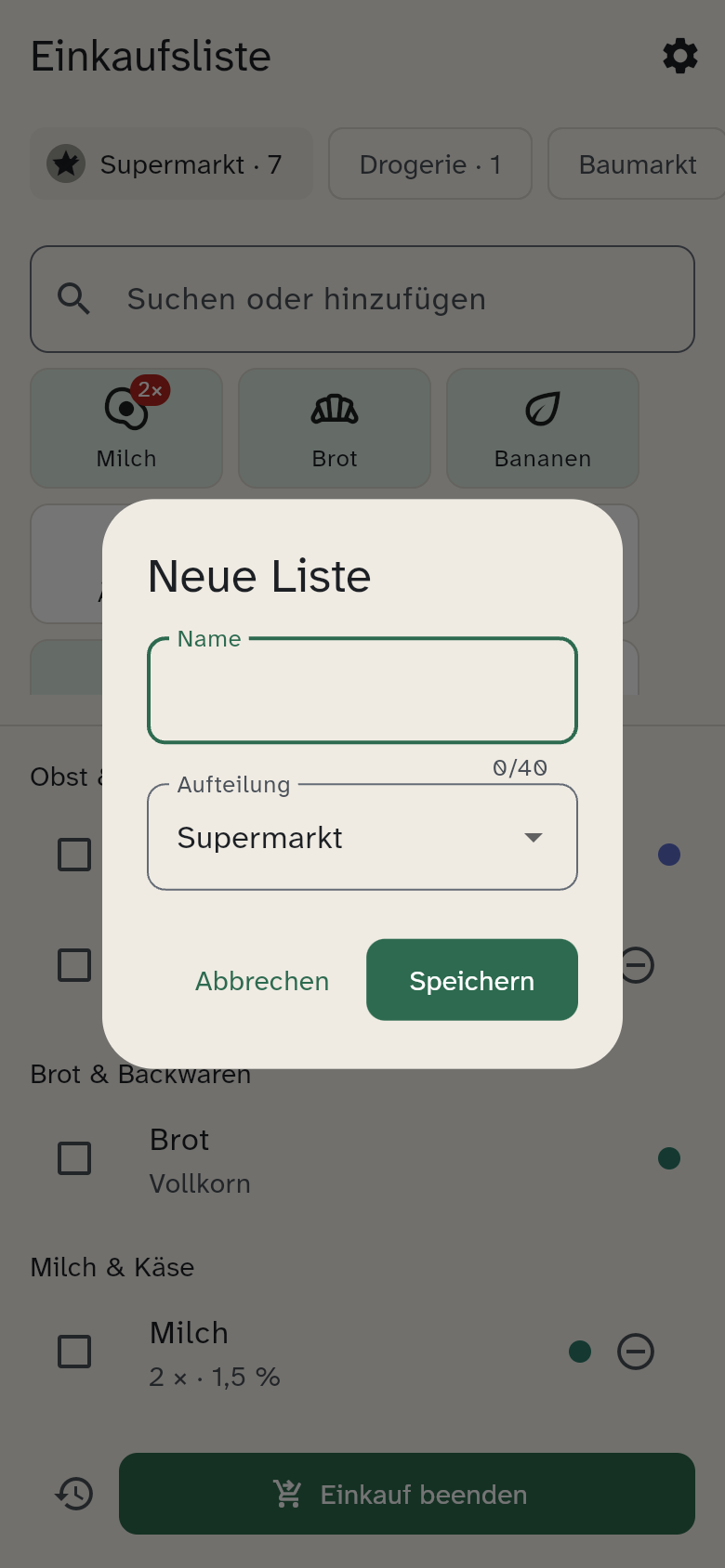 Dialog „Neue Liste“