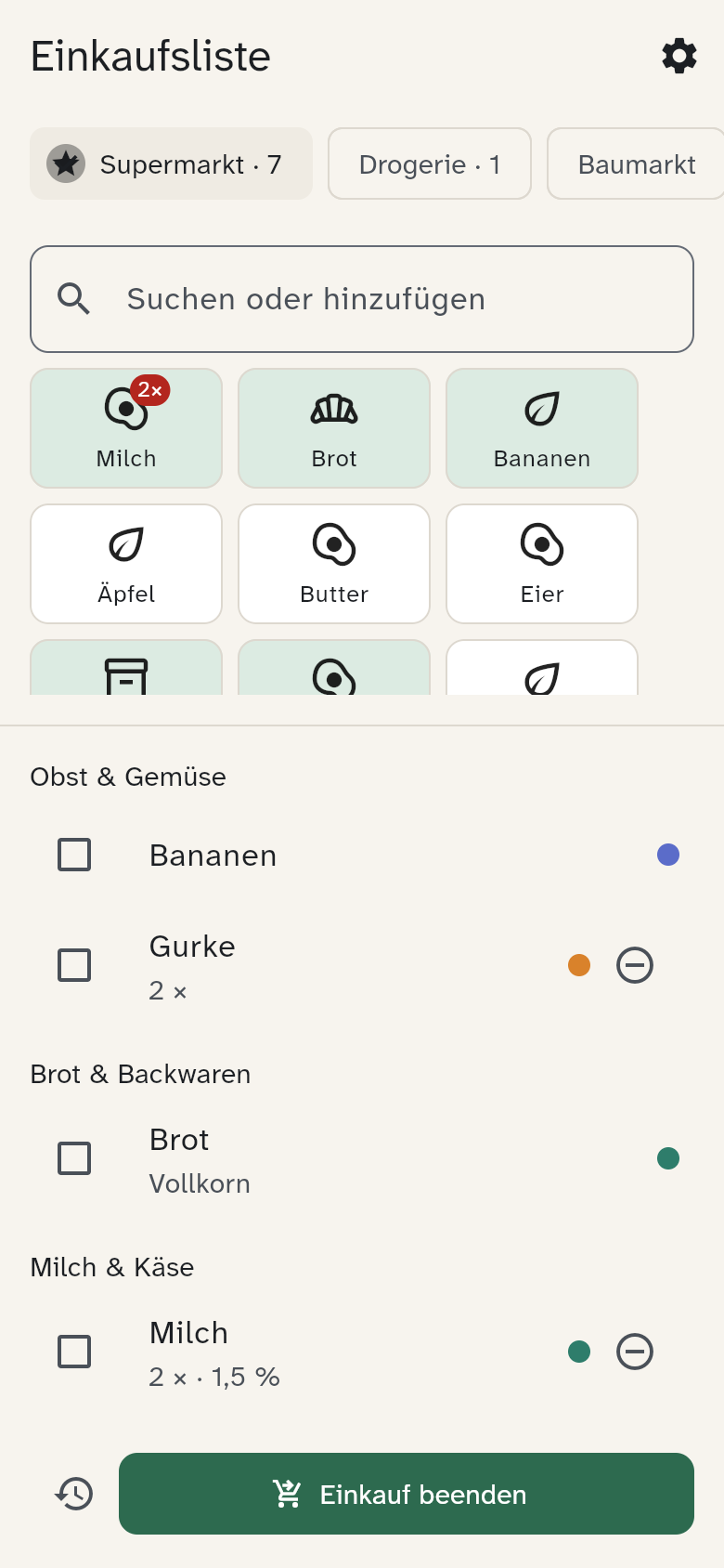 Einkaufsliste mit Kacheln oben und Artikeln nach Kategorien darunter