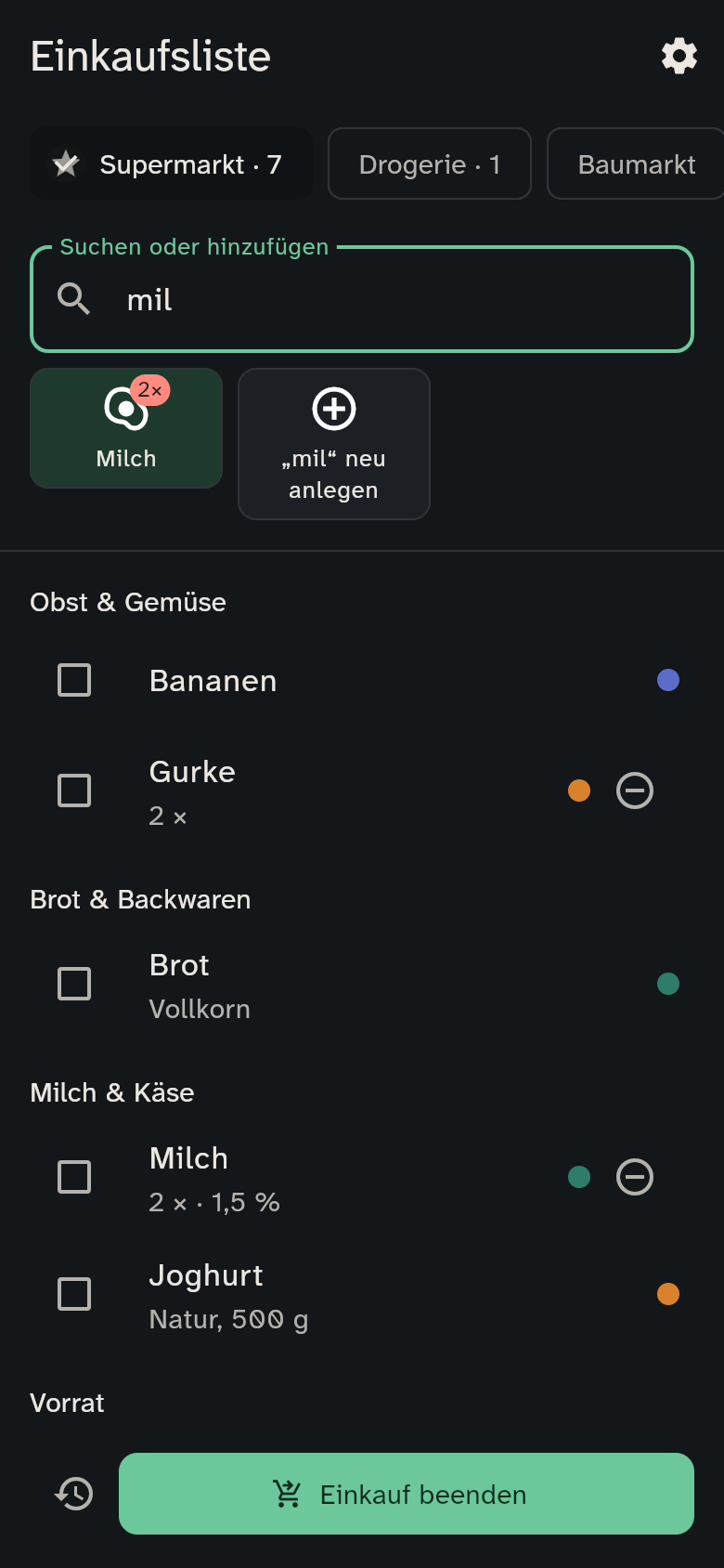 Suchfeld mit „mil“ und passenden Kacheln