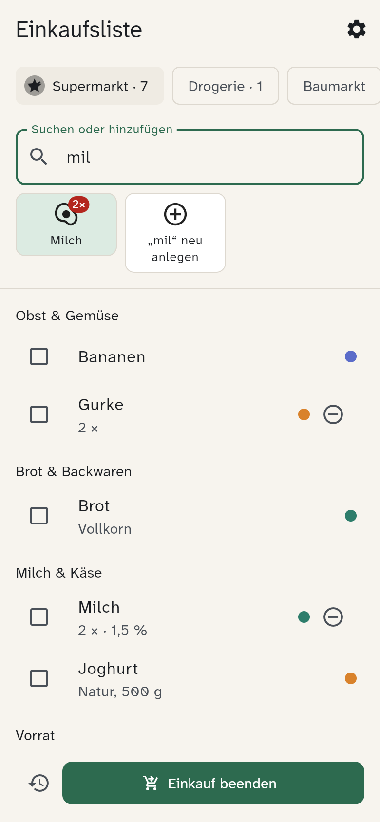 Suchfeld mit „mil“ und passenden Kacheln