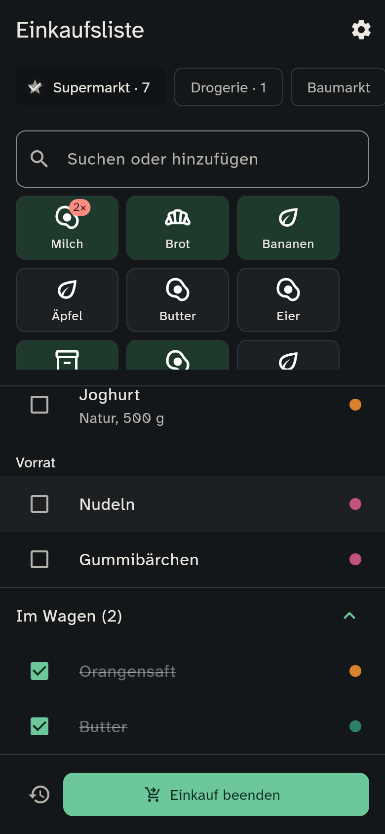 Aufgeklappter Bereich „Im Wagen“