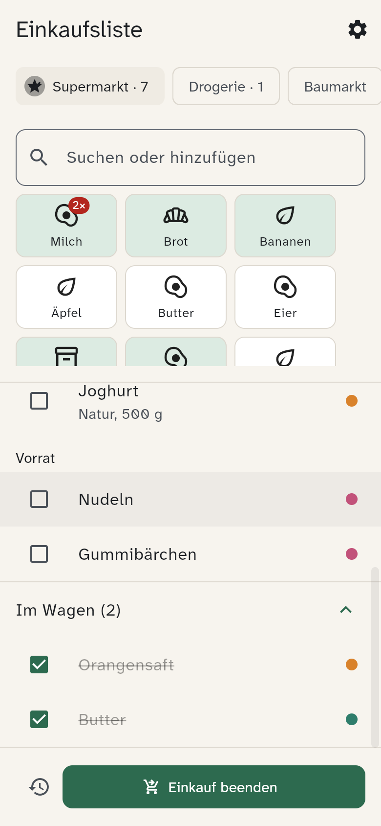 Aufgeklappter Bereich „Im Wagen“