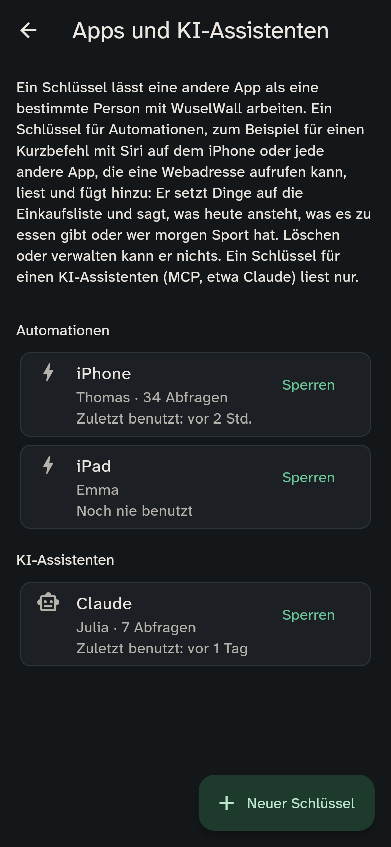 Einstellungen → Apps und KI-Assistenten mit zwei Schlüsseln