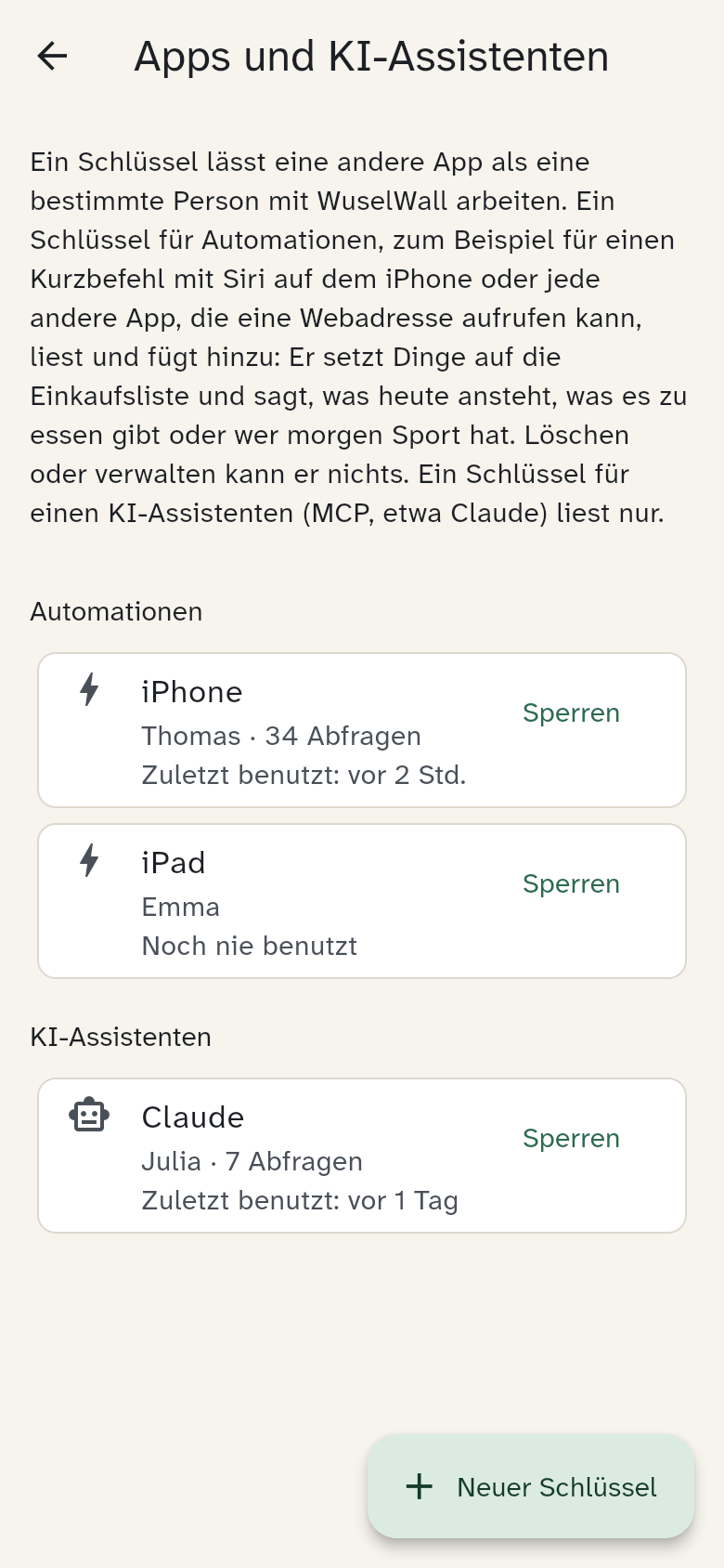 Einstellungen → Apps und KI-Assistenten mit zwei Schlüsseln