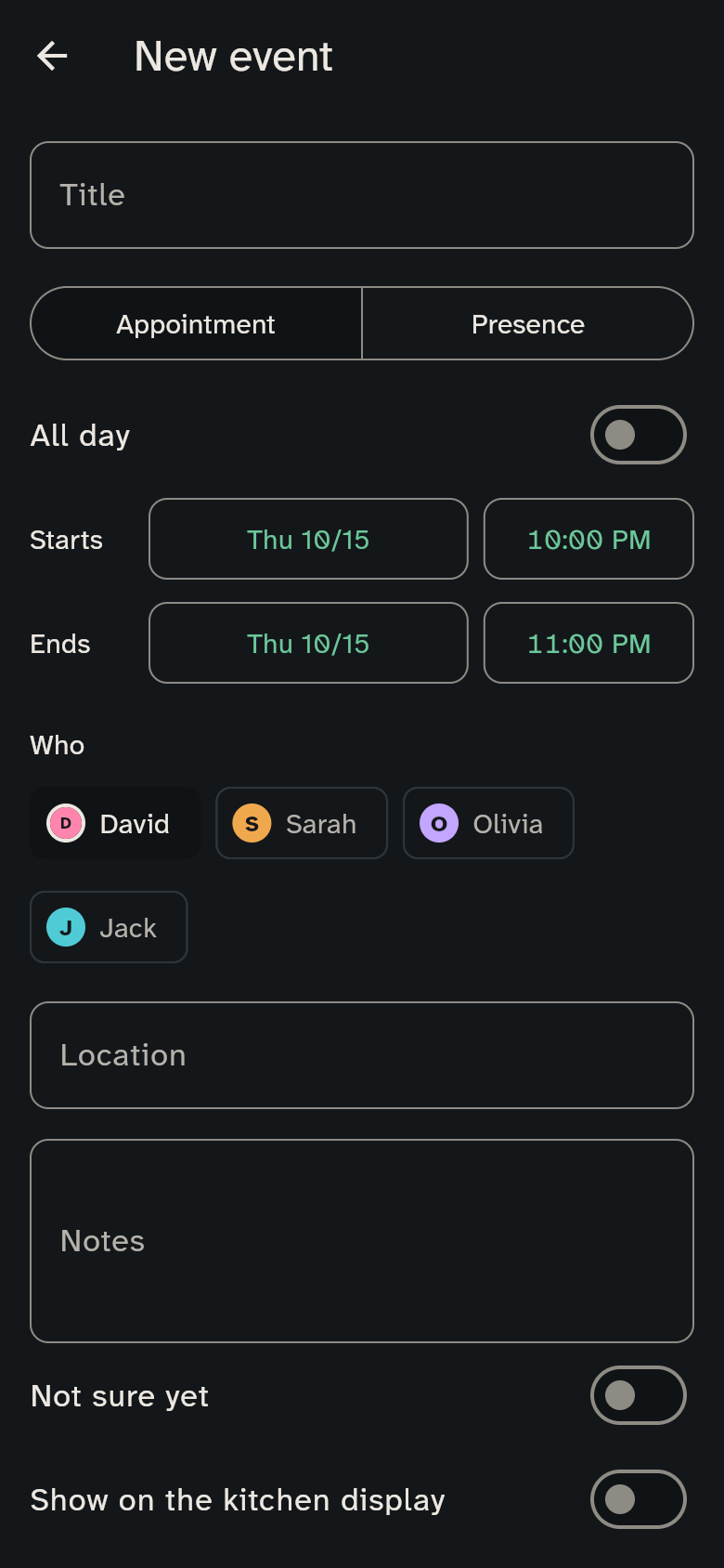 Editor for a new event with title, who and repeat