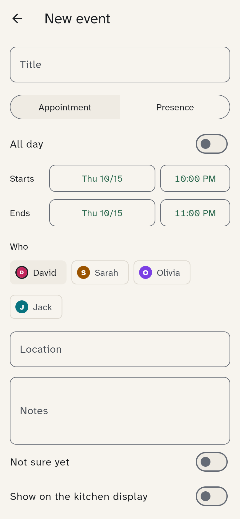 Editor for a new event with title, who and repeat