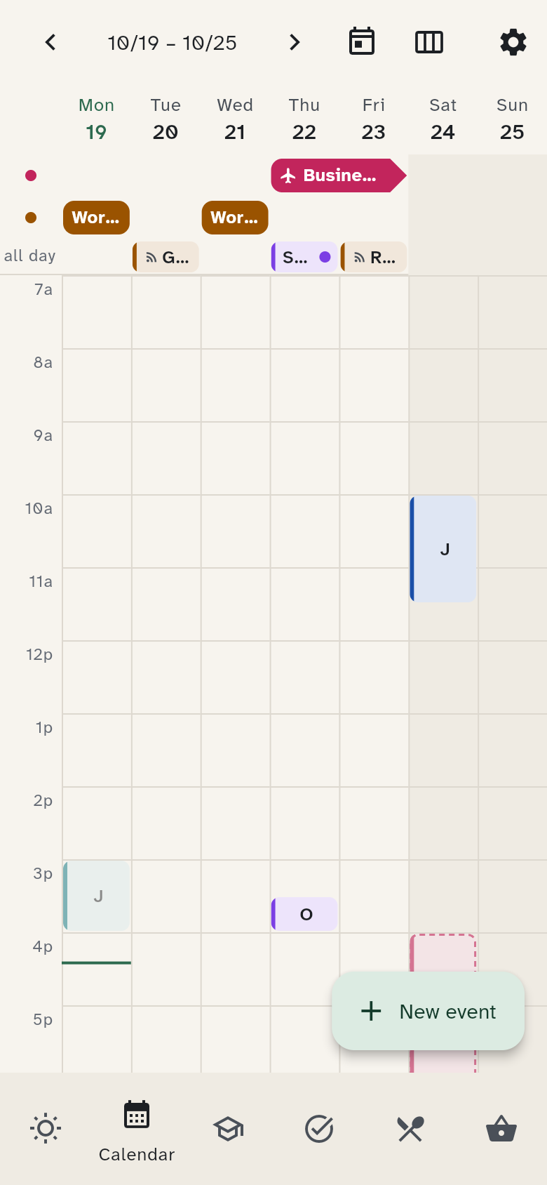 Calendar on a phone with date navigation and the view menu in one bar