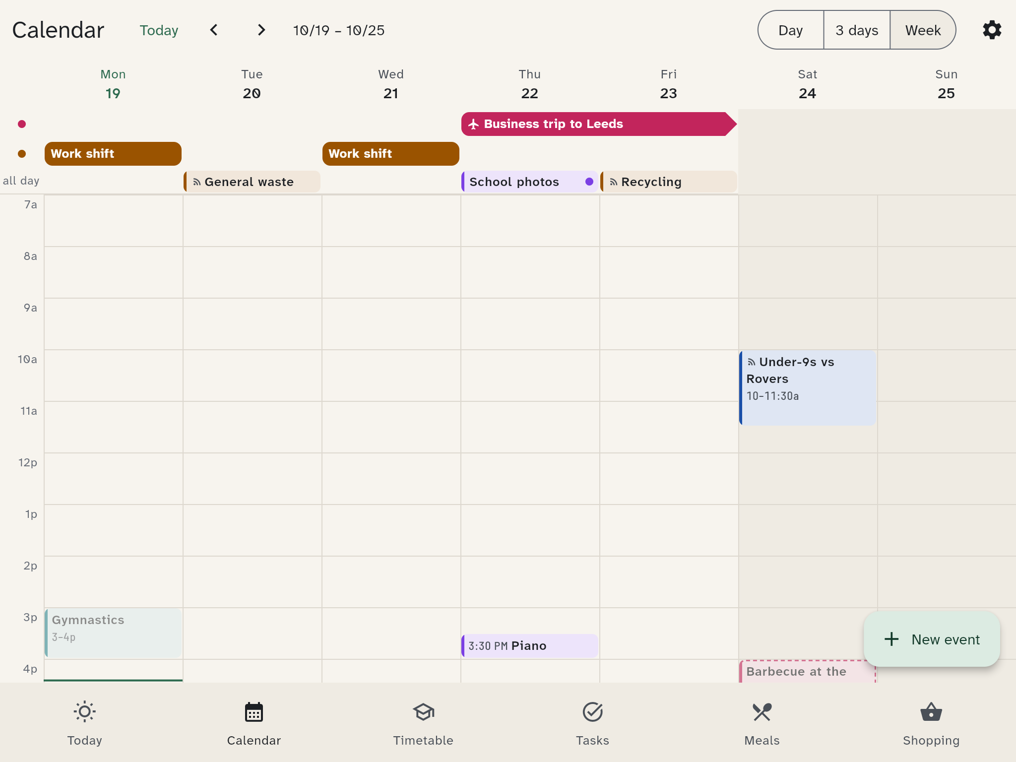 Week view of the calendar with presence at the top and appointments below