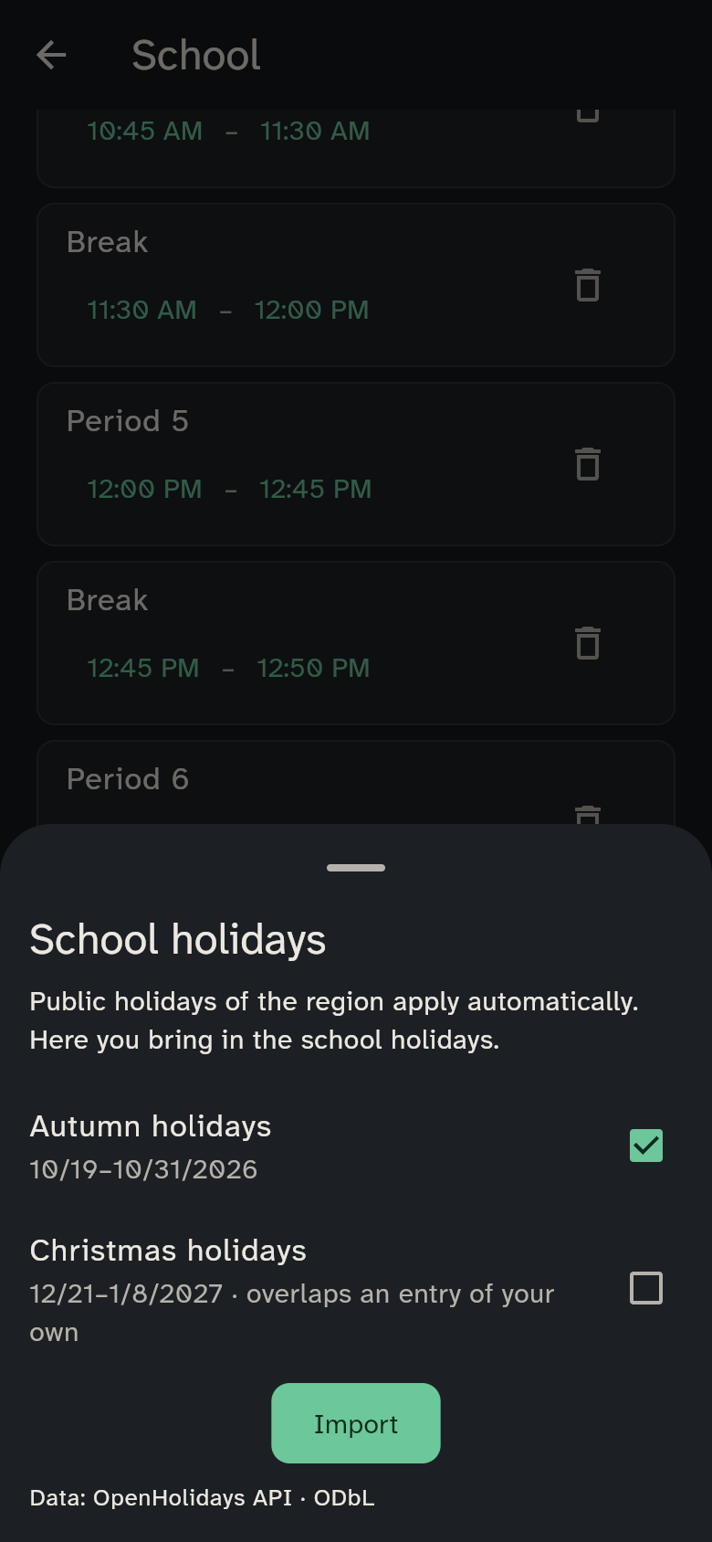 Import school holidays: the preview of the school holidays, with ticks and the word imported