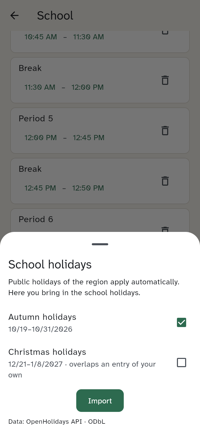 Import school holidays: the preview of the school holidays, with ticks and the word imported