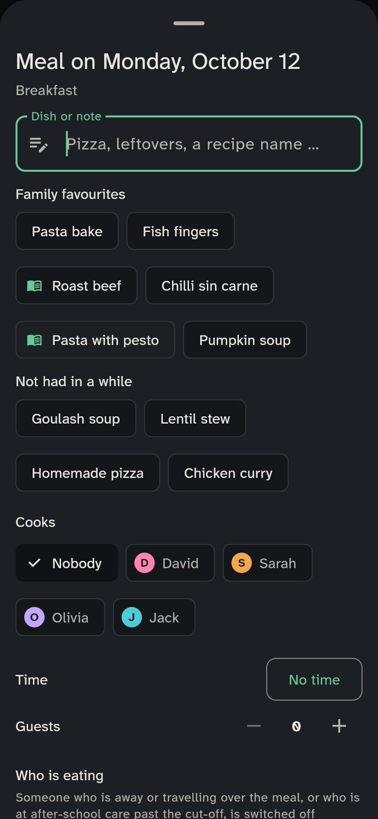 Planning a meal, with the rows Family favourites and Not had in a while