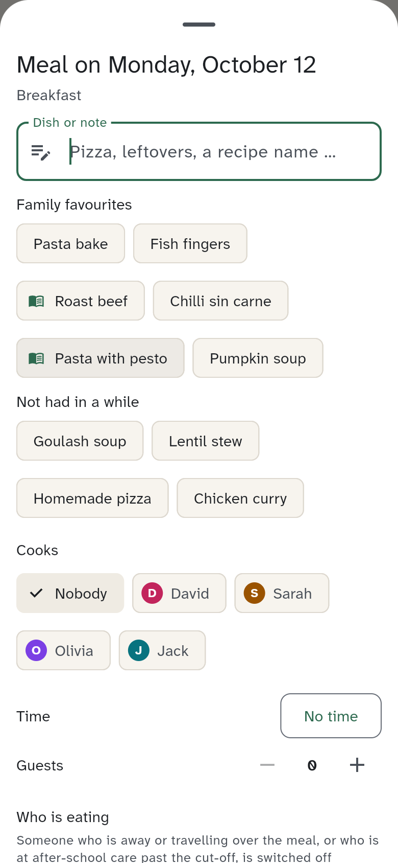 Planning a meal, with the rows Family favourites and Not had in a while