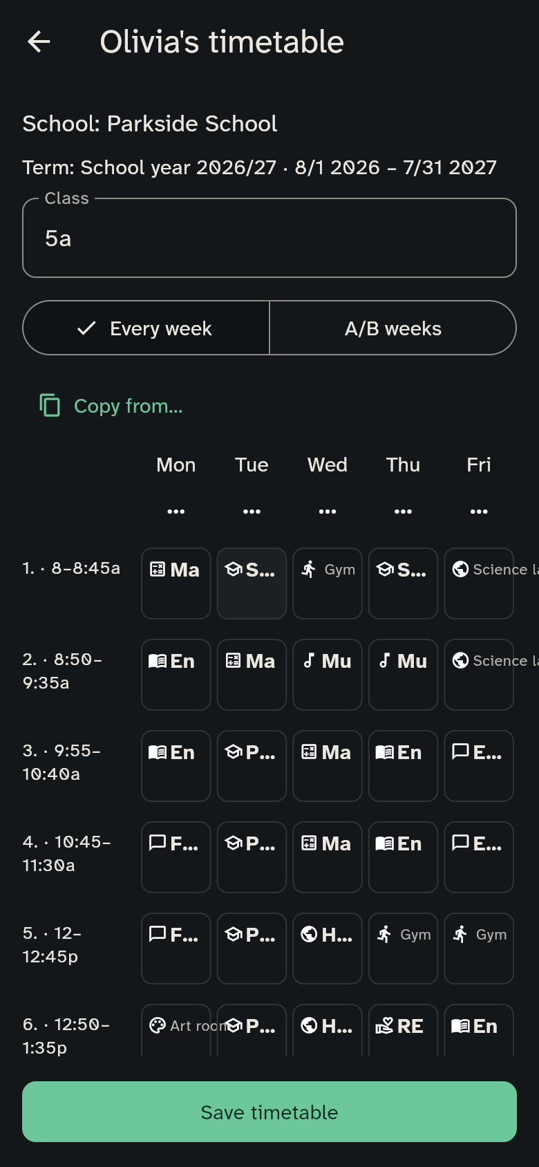 Timetable editor with the school, term and visible Save button
