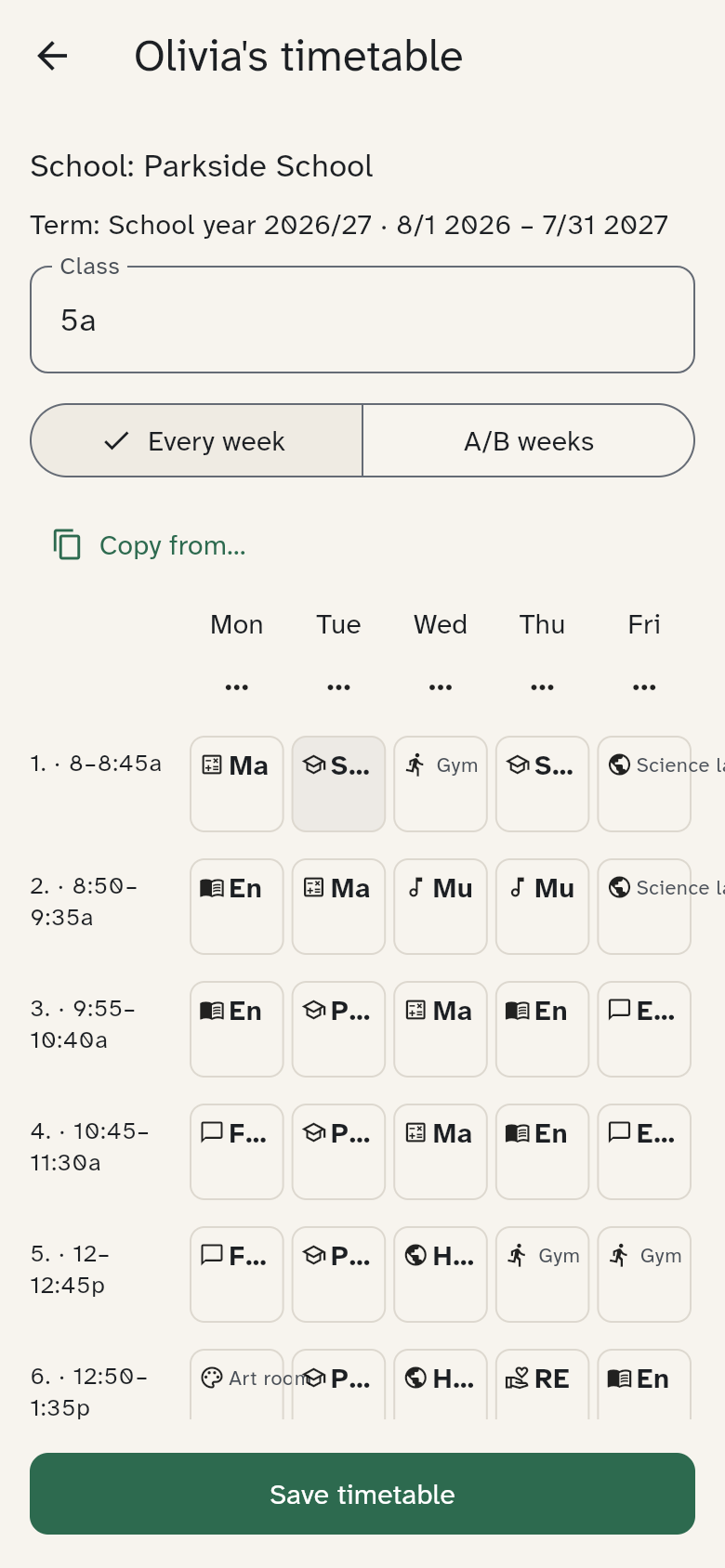 Timetable editor with the school, term and visible Save button