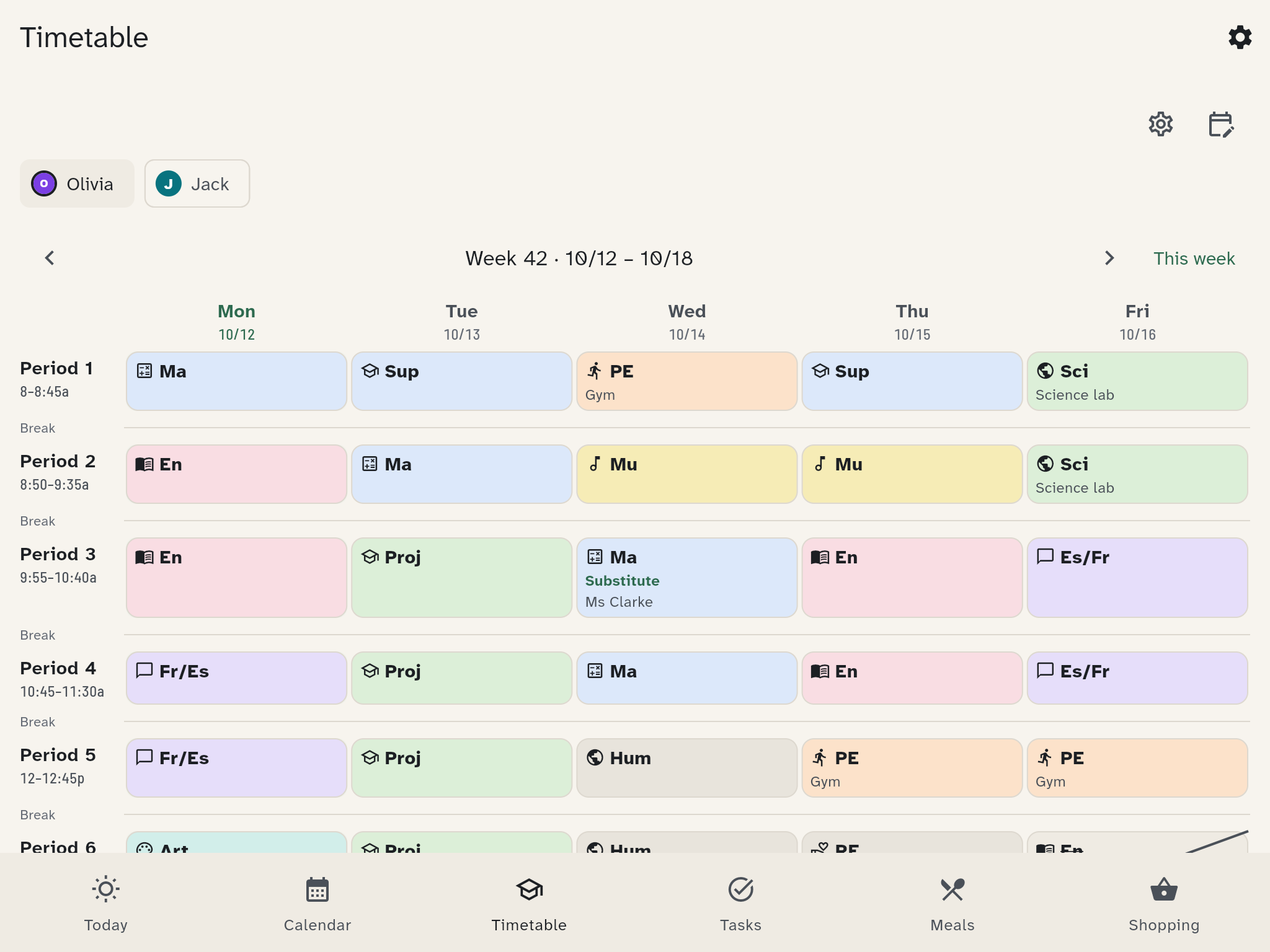 A child's timetable for the week, with a cancelled lesson and a substitute