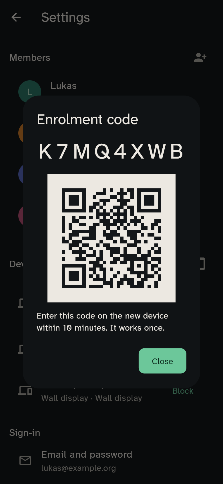 The generated code with its QR code