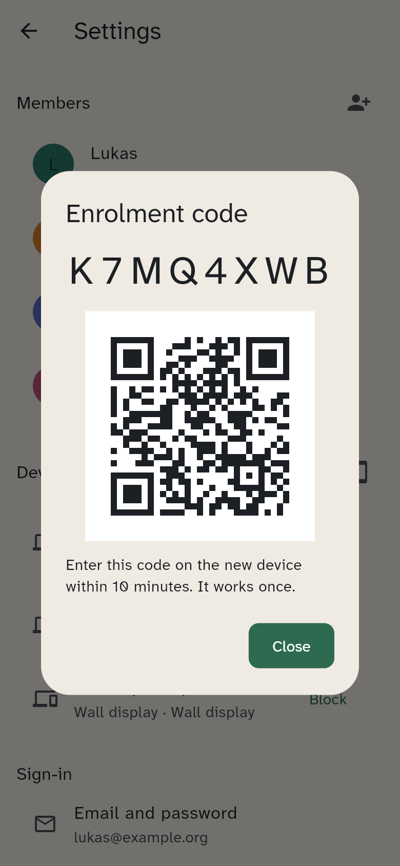 The generated code with its QR code