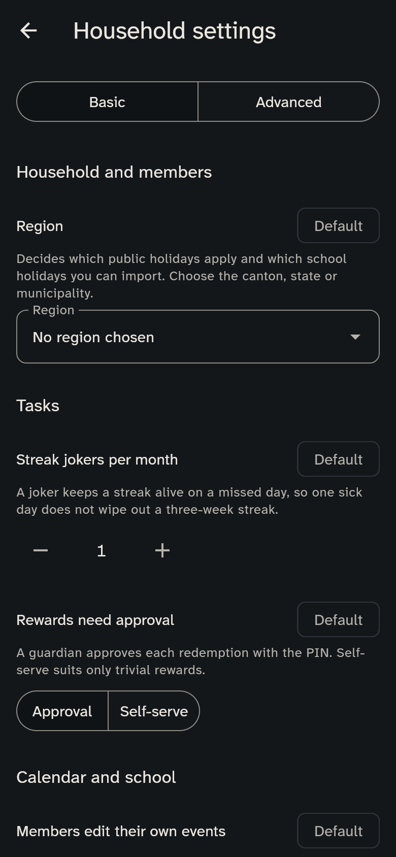 Household settings with the areas tasks, calendar, meals and kitchen display