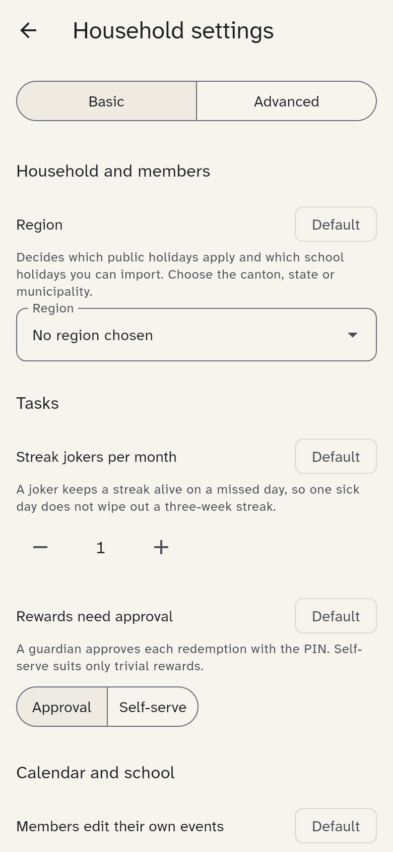 Household settings with the areas tasks, calendar, meals and kitchen display