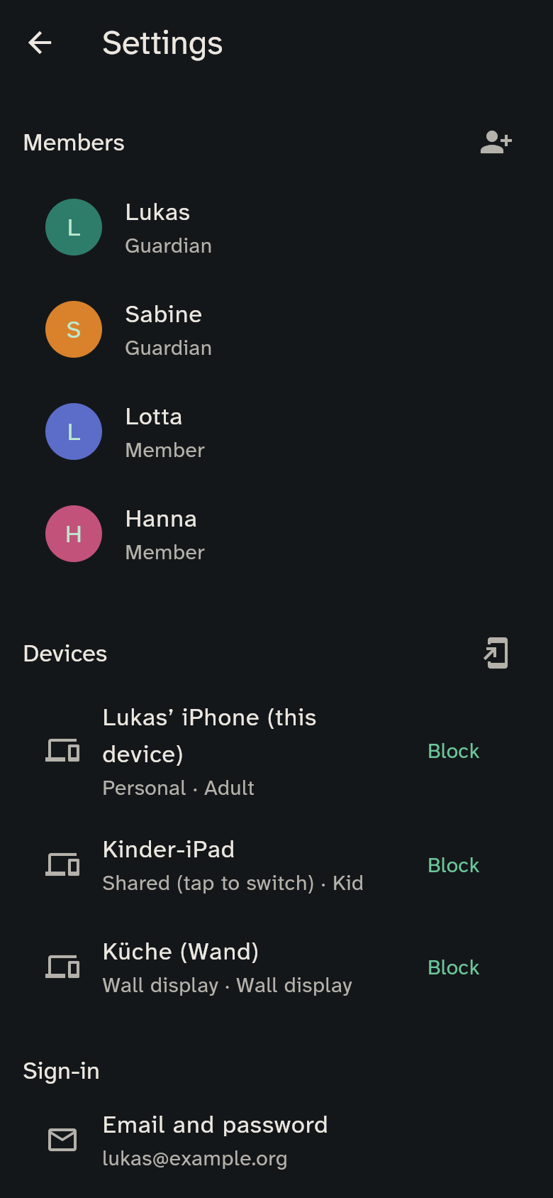 Settings with members and devices